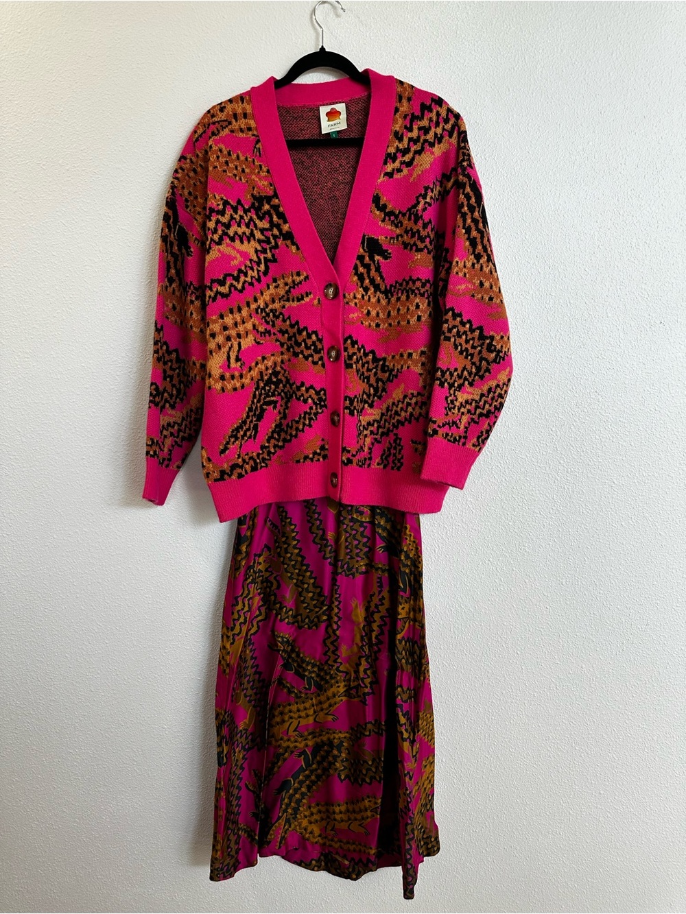 FARM Rio Pink Croco Knit Cardigan & Satin Midi Skirt Matching Set